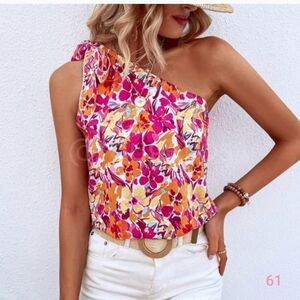 NEW!! Vacation Floral Print One Shoulder Top, BohoSummer Knot Sleeveless Top.